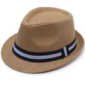 Detail of woven straw fedora hat with a blue and white striped grosgrain ribbon trim - One Size / Camel with Ribbon