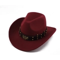 Detail of burgundy wool cowboy hat featuring a black leather band and gold eagle emblem - One Size (57-58cm) / Metal Bullet Stud Band Style / Burgundy
