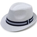Close-up of white woven Panama hat with blue striped ribbon and fine straw texture - One Size / White Ribbon