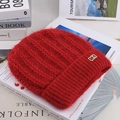 Winter warm knitted bobble hat for women in vibrant red with plush lining and metal buckle - Elastic 56-60cm / Double Stripe Red