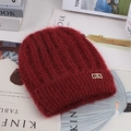 Winter knitted wine red beanie for women with warm plush texture and gold metal detail - Elastic 56-60cm / Double Stripe Wine Red