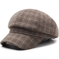 Vintage bruine geruite baret voor dames in wolmix met klassieke achthoekige vormgeving - Verstelbaar 56-58cm / Khaki