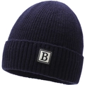 Detail van donkerblauwe gebreide muts met geribbelde textuur en vierkante lederen B-patch - Elastisch 56-60cm / Blauw