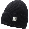 Detail van de geribbelde gebreide muts met zwarte letter B-patch en een omgeslagen rand - Elastisch 56-60cm / Zwart