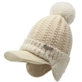 Winter thermal knit beanie with ear flaps and fluffy pom-pom in cream white - Elastic 56-59cm / Beige