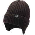 Men's winter knit beanie with ear flaps in dark brown waffle pattern and snowflake tag - One Size / Brown