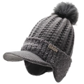Donkergrijze gebreide muts met klep en pompon voor warme winterbescherming - Elastisch 56-59cm / Grijs
