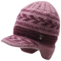 Paarse winter gebreide muts voor dames met oorbescherming en een vlinderdecoratie - Elastisch 56-59cm / Roze