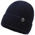 Navy blue ribbed knit beanie with mountain logo tag for winter outdoor warmth - Blue (Mountain Label)