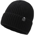 Close-up of black ribbed knit beanie showing thick texture and woven label with mountain logo - Black (Mountain Label)