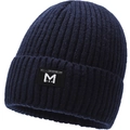 Close-up of deep blue ribbed knit beanie with central embroidered logo and warm texture - Blue (M Label)