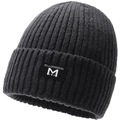Detail of ribbed knit texture and square fabric logo patch on dark grey beanie - Dark Grey (M Label)