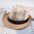 Chapeau de paille d'été pour homme avec motif à carreaux et ruban noir élégant - Taille Unique 58cm / Grand Treillis Beige Foncé