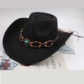 Cappello da cowboy nero in scamosciato con perline turchesi e nappe con frange - Stile Decorazione con Doppia Fila di Perline / Nero