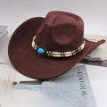 Cappello da cowboy in pelle scamosciata marrone scuro con gemma turchese e fascia ornata - Stile con Decorazione a Perle Lunghe / Caffè