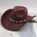 Cappello da cowboy scamosciato marrone scuro con perline turchesi e fascia etnica - Nuova Decorazione in Perline a Tre File / Caffè