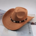 Cappello da cowboy western marrone in finta pelle scamosciata con cinturino e borchie - Stile con Decorazione ad Anello di Metallo / Beige scuro