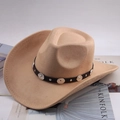 Khaki suede western cowboy hat with black leather belt and silver metal bull head studs - Ring Decor Light Beige Faux Suede