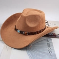 Vintage brown western cowboy hat with leather band and turquoise stone accessory - Two Beads Dark Beige