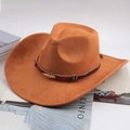 Cappello da cowboy western marrone in finta pelle scamosciata con piuma dorata e perline - Stile Fascia per Cappello con Piuma e Foglia / Marrone Giallastro