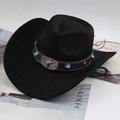 Cappello da cowboy nero con cinturino in pelle marrone, testa di toro e dettagli turchese - Testa di Toro con Borchie in Pietra / Nero