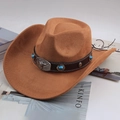 Cappello da cowboy in finta pelle scamosciata marrone con decori turchese e fibbia a toro - Testa di Toro con Borchie in Pietra / Beige scuro