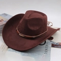 Brown western cowboy hat in faux suede with feather charms and bohemian woven band - Leaf Buckle Style / Coffee