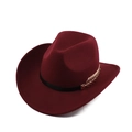 Close-up of wine red wool felt cowboy hat with black leather band and gold metal leaf detail - One Size (57-58cm) / Shark Fin Pattern Band Style / Burgundy