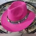 Ethnic bohemian felt fedora hat in magenta with fringe ribbon and beaded coin accents - One Size 57-58cm / Bohemian Ethnic / Rose Red