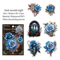 Steampunk PET αυτοκόλλητα Dark Moonlit Night με μπλε τριαντάφυλλα και γρανάζια - 12 Φύλλα / Σκοτεινή Φεγγαρόλουστη Νύχτα