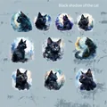 Schwarze Katzen PET-Aufkleber Set mit 10 dunklen Aquarell-Illustrationen für Journaling - Schatten Nachtkatze