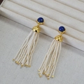 Vintage lapis lazuli and white pearl tassel earrings with silver needles for women - Swarovski Style Pearl Type (Artificial Pearl)