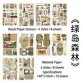 Vintage nature themed scrapbook paper set with flowers and deer, 140x210mm stickers - Green Island Forest