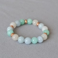 Blue and mint green stone bead stretch bracelet with rose gold hollow metal spacers - Summer Tri-Color Blue Green White Style
