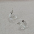 Minimalist summer clear glass water drop stud earrings on textured linen background - Semicircle Bean