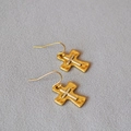 Vintage brass gold-plated cross earrings with hammer texture and two-tone finish - Style 1 (Gold Base Silver Cross)