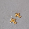 Retro brass bicolour cross drop earrings with hammered silver texture for women - Style 2 (Silver Base Gold Cross)