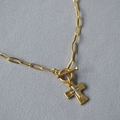 Detail of paperclip chain necklace with a hammer-textured gold cross and toggle clasp - Gold Base Two-Tone Cross (Style 1)