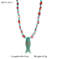 Bohemian necklace featuring red beads and a green fish pendant with 40+5cm chain - Red and Blue Beaded Green Fish Pendant (13-10-1)