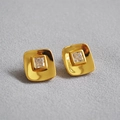 Minimalist square brass gilded stud earrings with sparkling cubic zirconia centers - Gold Square Polished Rhinestone Stud Earrings (52) / Gold