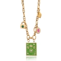 Bohemian gold stainless steel necklace with green enamel tarot pendant and mixed charms - Enamel Tarot Pendant Style