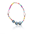 Detail of bohemian colorful seed bead bracelet with pearls and blue evil eye square beads - Style 4