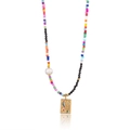 Bohemian colorful seed bead necklace with baroque pearl and evil eye gold pendant - Style 2