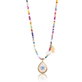 Detail of colorful beads with Hamsa hand and Evil Eye pendants on a boho style necklace - Style 3