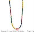 Detail of colorful faceted bead necklace with pink evil eye pendant and size specs - Multicolor Spliced Style (Style 4)