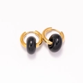 Close-up of 18k gold plated stainless steel hoops with round black natural stone pendants - Black Onyx Style (12)
