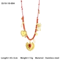 French style red beaded necklace with gold heart charms and pearl pendants in stainless steel - Heart and Palm Tree Beaded Style (10-10-004)