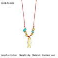 Detail of red cord necklace with gold beads, blue stones, and fishbone pendant - Fish Bone Pendant Red Rope Style (10-10-003)