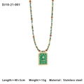 Detail of beaded necklace with green stones and a Lucky star rectangular pendant - LUCKY Green Rectangle Tag Beaded Style (10-21-001)