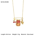 Detail of gold paperclip chain necklace with cherry, bird plaque, and hand charms - Cherry and Palm (10-29-003)